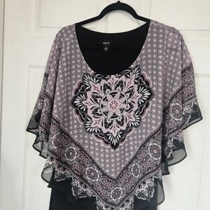 Alyx Dressy Blouse IX Pink Black Sheer Overlay Poncho Style